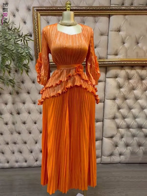 Pleated Set Women Solid Tierred Ruffles Top & Large Size Folds A-line Skirt Two Pieces Sets-FrenzyAfricanFashion.com