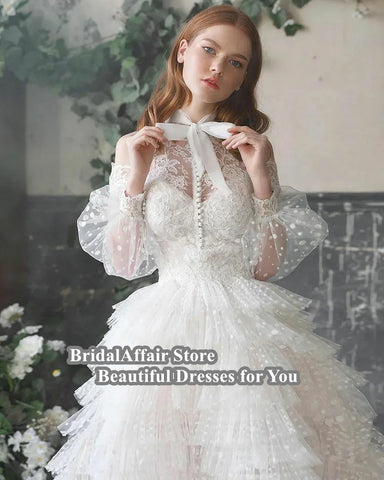 Image of Lace Appliques A Line Ruffles Bridal Dress Full Lace Sleeves-FrenzyAfricanFashion.com
