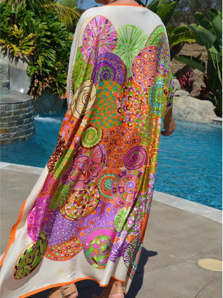 Bohemian Beach Dresses Maxi Tunic Floral Printed Kaftans for Women Summer Seaside Holiday Beachwear Bathing Suits-FrenzyAfricanFashion.com