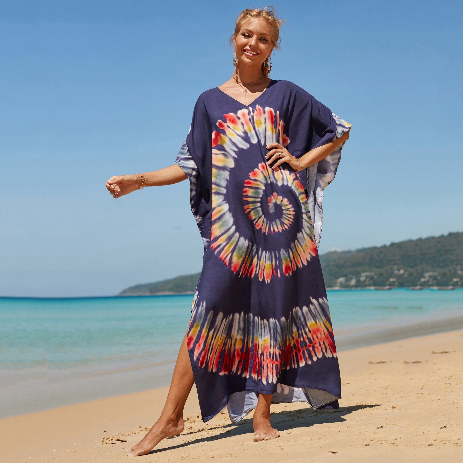 Kaftan Dresses Women Bohemian Maxi Tie Dye Rayon Summer Holiday Bathing Suits-FrenzyAfricanFashion.com