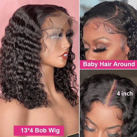Image of SVT Inidan Water Wave 13x4 Lace Front Bob Wigs Pre Plucked Remy Human Hair Wigs Deep Curly Short 4x4 Lace Closure Wig For Women-FrenzyAfricanFashion.com