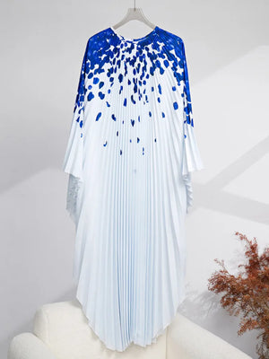 Pleated Dress For Women Fashion Printed Round Neck Batwing Sleeves Elegant Dresses Female Clothing