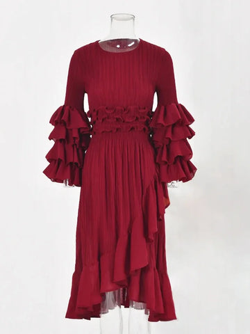 Image of Fashion Pleated Dress O-Neck Long Sleeved Solid Color-FrenzyAfricanFashion.com