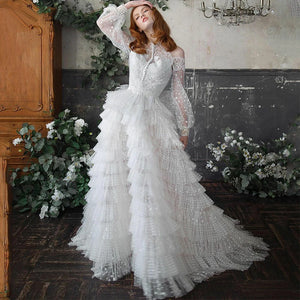 Lace Appliques A Line Ruffles Bridal Dress Full Lace Sleeves-FrenzyAfricanFashion.com