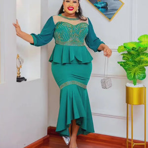 Green Dress Women Long Sleeve 2 Pieces Top With Skirt Matching Sets-FrenzyAfricanFashion.com