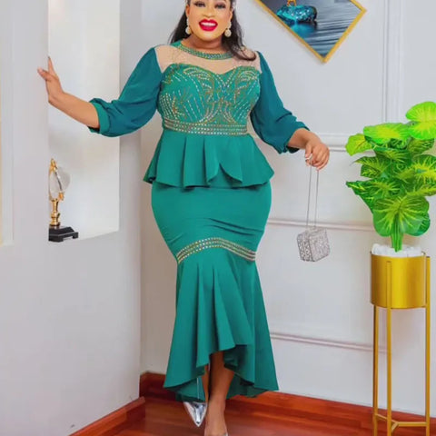 Image of Green Dress Women Long Sleeve 2 Pieces Top With Skirt Matching Sets-FrenzyAfricanFashion.com