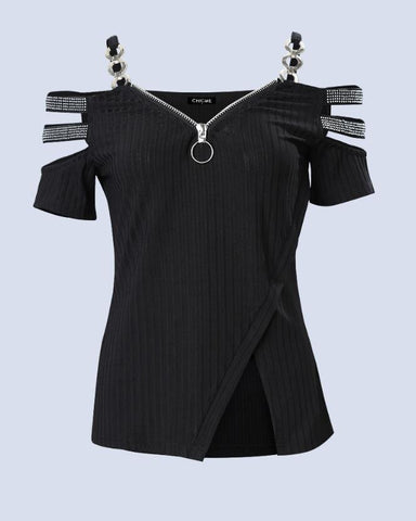 Image of Fashion Y2K Women&#39;s Top 2023 Summer Casual Rhinestone Decoration Zipper Details Split Bottom Cold Shoulder Basic Women&#39;s T-Shirt-FrenzyAfricanFashion.com