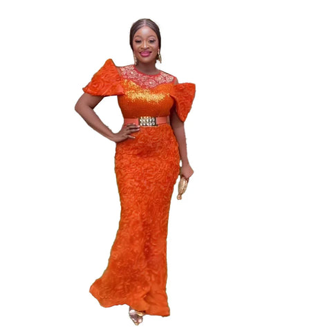 Image of woman Mesh dress rhinestone sequin belt elegant evening gown-FrenzyAfricanFashion.com