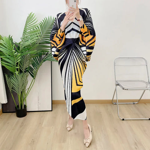 Image of Zebra Stripes Pleated Dress Women Batwing Sleeves V Neck Long Length Party Dresses-FrenzyAfricanFashion.com