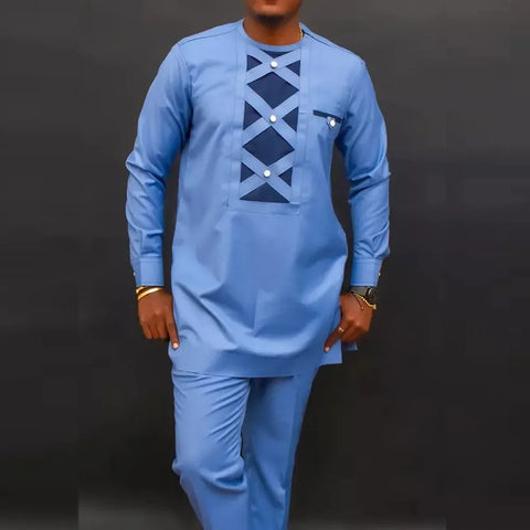 Image of African Men's Printed Top And Trousers Suit Wedding Dress Casual Slim Suit-FrenzyAfricanFashion.com