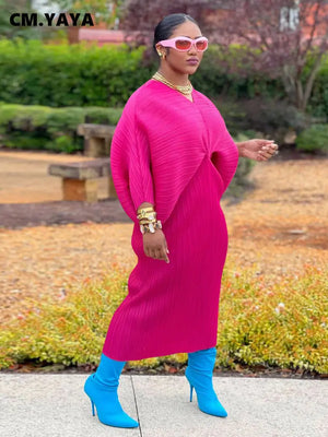 Women Pleated Batwing Long Sleeve V-neck Slim Maxi Long Dress Ruched Dresses-FrenzyAfricanFashion.com