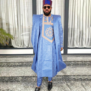 Traditional Wear Formal Attire Bazin Riche Dashiki Outfits Shirt Pants Robe Suit No Cap African Men Agbada-FrenzyAfricanFashion.com