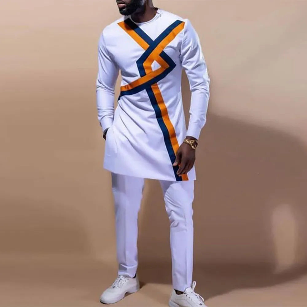 Men's Elegant Long Sleeve Suit Shirt Pants 2-piece Solid Color Party Long Sleeve African Ethnic Style-FrenzyAfricanFashion.com