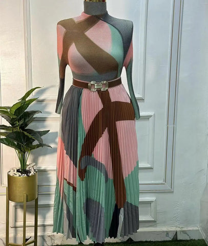 Image of Two-Piece Set Pleated Long Sleeve Round Neck Long Sleeve T-shirt and High Waist Skirt Mid Length-FrenzyAfricanFashion.com