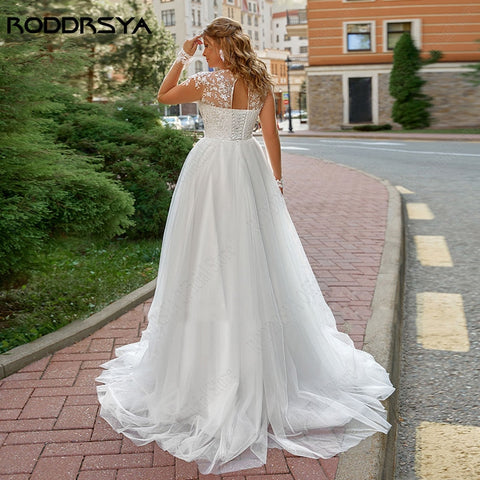 Image of Illusion O-Neck Applique Wedding Dress Plus Size Beach Bridal Gown Lace Up Backless-FrenzyAfricanFashion.com