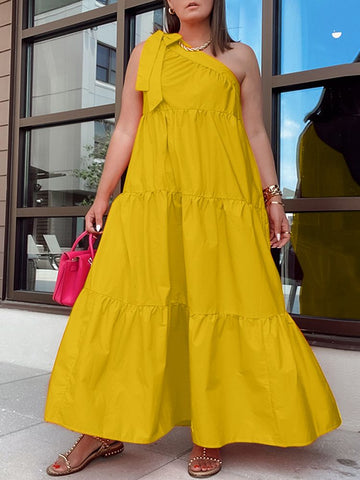 Image of Summer One Shoulder Dress Sundress Women Pleated Party Long Maxi Dresses-FrenzyAfricanFashion.com