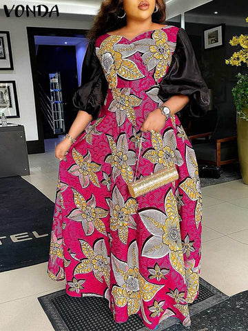 Image of Summer Tunic Maxi Dress Vintage Printed Pleated Party Dress-FrenzyAfricanFashion.com