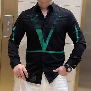 European Fashion Letter Print Shirt Men Fashion Rhinestones Long Sleeve Dress Shirt Men-FrenzyAfricanFashion.com