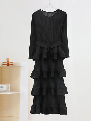 Image of Women Pleated Mid Dress Solid Color Ruffles Party Wedding-FrenzyAfricanFashion.com