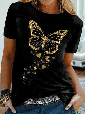 Golden Butterfly Print Women T Shirt Short Sleeve O Neck Loose Women Tshirt Ladies Tee Shirt Tops Cloth