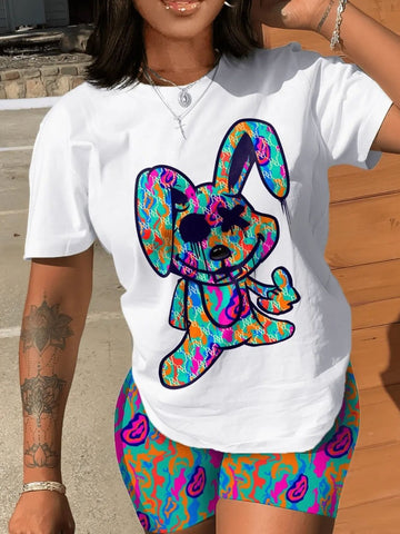 Image of Multicolor Two Pieces Shorts Suits Cartoon Mixed Print Shorts Set Short Sleeve Pullover White Print Bottoms Outfits-FrenzyAfricanFashion.com