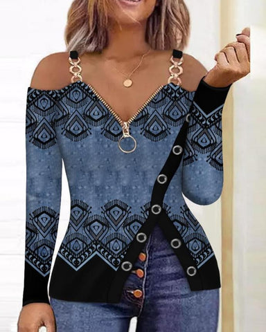 Image of Zip Detail Cold Shoulder Top Elegant Lace Trim Cold Shoulder Chain Strap Top Long Sleeve V-Neck Solid Casual Streetwear Tops-FrenzyAfricanFashion.com