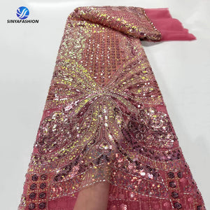 High Quality African Nigerian French Tulle Fully Sequins Luxury Heavy Handmade Beaded Lace Fabric For DIY Wedding Dress