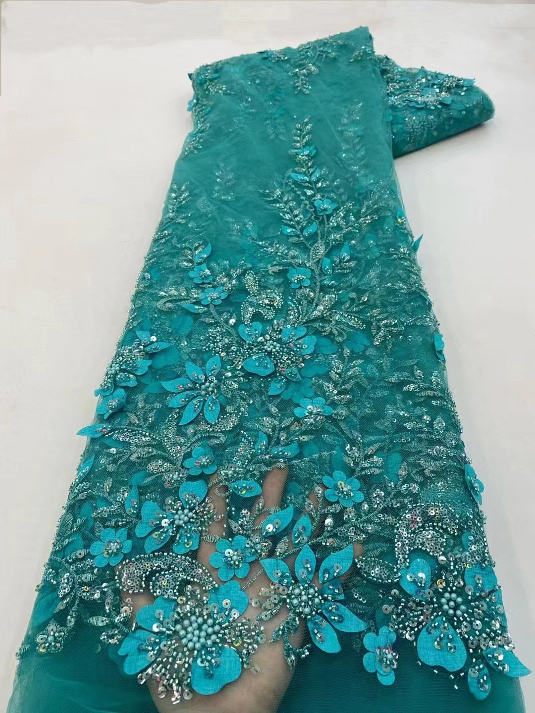 5 Yards Luxury African Sequins wedding Lace With Beads-FrenzyAfricanFashion.com