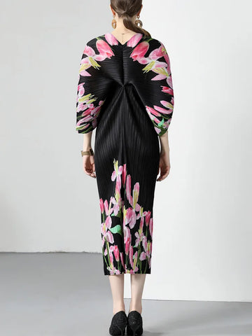 Image of Pleated Dress Women V-neck Print Flowers Batwing Sleeve Loose-FrenzyAfricanFashion.com