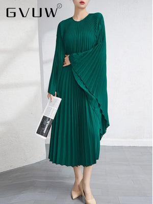 Solid Batwing Sleeve Pleated Dress Loose Irregular Clothing Spring Autumn-FrenzyAfricanFashion.com