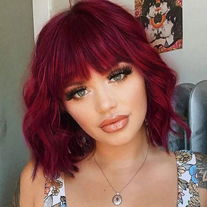 Women  Wigs Curly Short Bob with Bangs Wine Red Heat Resistant
