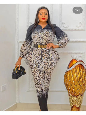 Fashion Leopad Print Top and Pants With Belt  3-pieces Dashiki Suit Dresses for Women