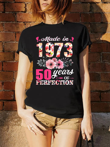 Image of Born In 1973 Floral 50 Years Old Birthday Women T-Shirt Printed Top Unisex Casual Tee Streetwear-FrenzyAfricanFashion.com