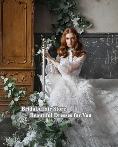 Image of Lace Appliques A Line Ruffles Bridal Dress Full Lace Sleeves-FrenzyAfricanFashion.com
