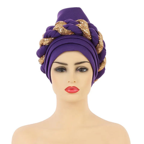 Image of Sequins Braid Turban Cap for women African autogele Headtie-FrenzyAfricanFashion.com