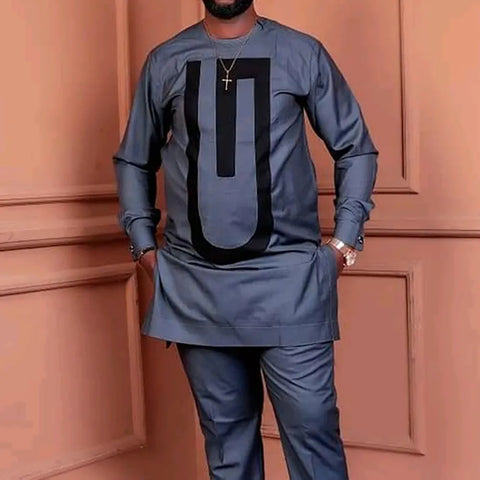 Image of Men's Elegant Long Sleeve Suit Shirt Pants 2-piece Solid Color Party Long Sleeve African Ethnic Style-FrenzyAfricanFashion.com