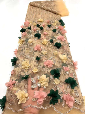 Sequins Applique Fashion 3D Flower Embroidery French Tulle  Fabric