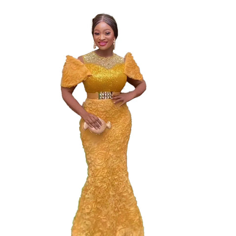 Image of woman Mesh dress rhinestone sequin belt elegant evening gown-FrenzyAfricanFashion.com