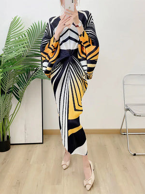Zebra Stripes Pleated Dress Women Batwing Sleeves V  Neck Long Length  Party Dresses