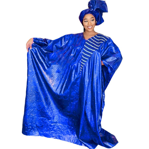 Image of African Plu Size Dresses For Women Bazin Riche Emboridered Free Floor Length Dress Scarf-FrenzyAfricanFashion.com