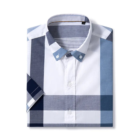 Image of Summer Shirt Men Cotton Solid Color Stripe Plaid Shirt Men Short Sleeve Casual Fitting Oxford Short Sleeve Shirts for Men Causal-FrenzyAfricanFashion.com