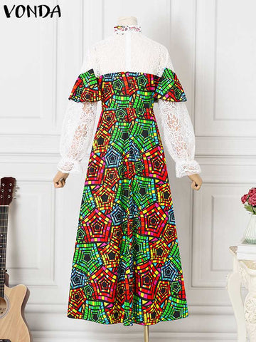 Image of VONDA Evening Party Dress 2022 Summer High Neck Women Long Sleeve Lace Patchwork Vintage Printed Bohemian Pleated Maxi Dresses-FrenzyAfricanFashion.com