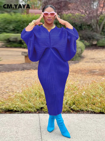 Image of Women Pleated Batwing Long Sleeve V-neck Slim Maxi Long Dress Ruched Dresses-FrenzyAfricanFashion.com