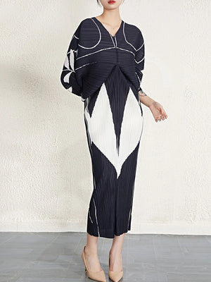 Color Block Printing Pleated Dress Batwing Sleeves Dresses