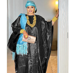 Bazin Riche Dashiki Black Dress Wedding Party Clothing With Scarf Women Robe-FrenzyAfricanFashion.com