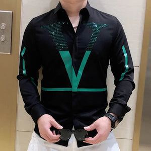 European Fashion Letter Print Shirt Men Fashion Rhinestones Long Sleeve Dress Shirt Men