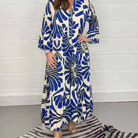 Image of Chic Casual 3/4 Sleeve Loose Pleated Party Dress Summer Women O-neck Long Dress Spring Graphic Single Breasted Bohe Dresses-FrenzyAfricanFashion.com