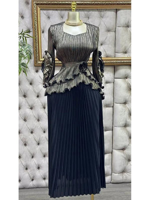 Pleated Set Women Solid Tierred Ruffles Top & Large Size Folds A-line Skirt Two Pieces Sets