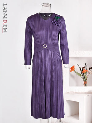 Waist Pleated Dress For Women V-neck Long Sleeves Designer Spliced Dresses-FrenzyAfricanFashion.com