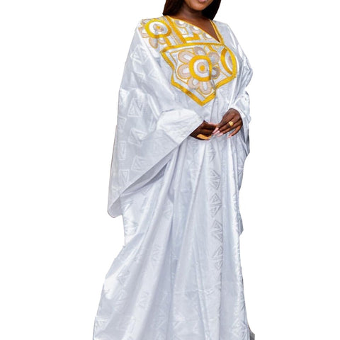 Image of African Dress For Woman Plus Size Dress Bazin Riche Embroidery With Embroidery Floor Long Dress With Scarf-FrenzyAfricanFashion.com